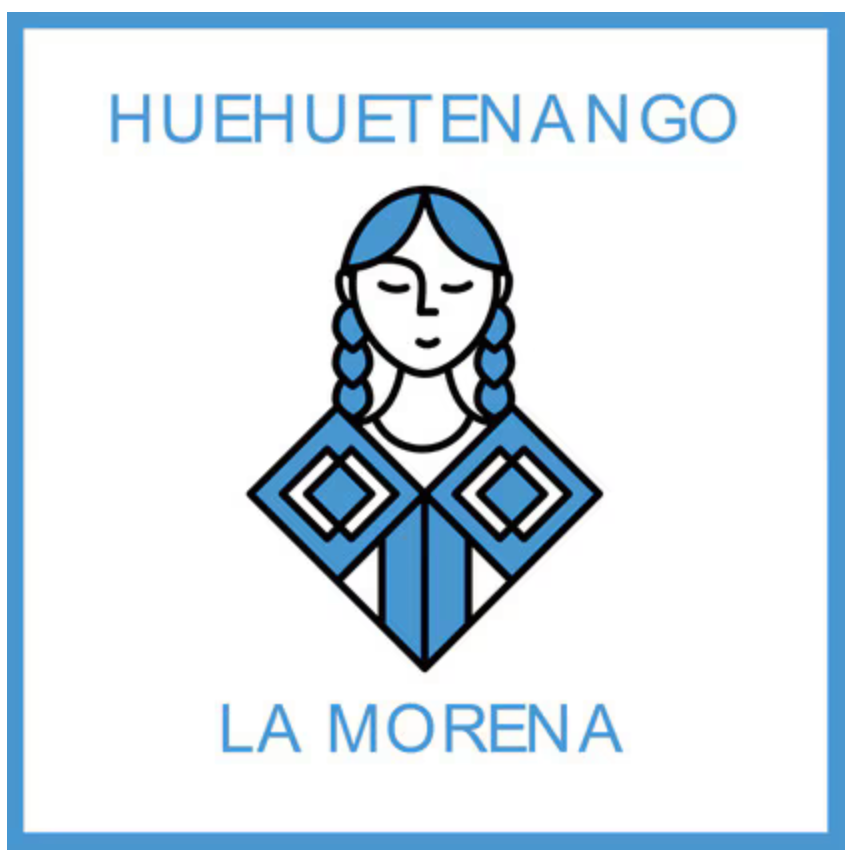 A square graphic with a white background, a thin blue border, and the words 'HUEHUETENANGO' at the top and 'LA MORENA' at the bottom. Centered is a stylized blue-and-black illustration of a woman with braided hair and geometric clothing.